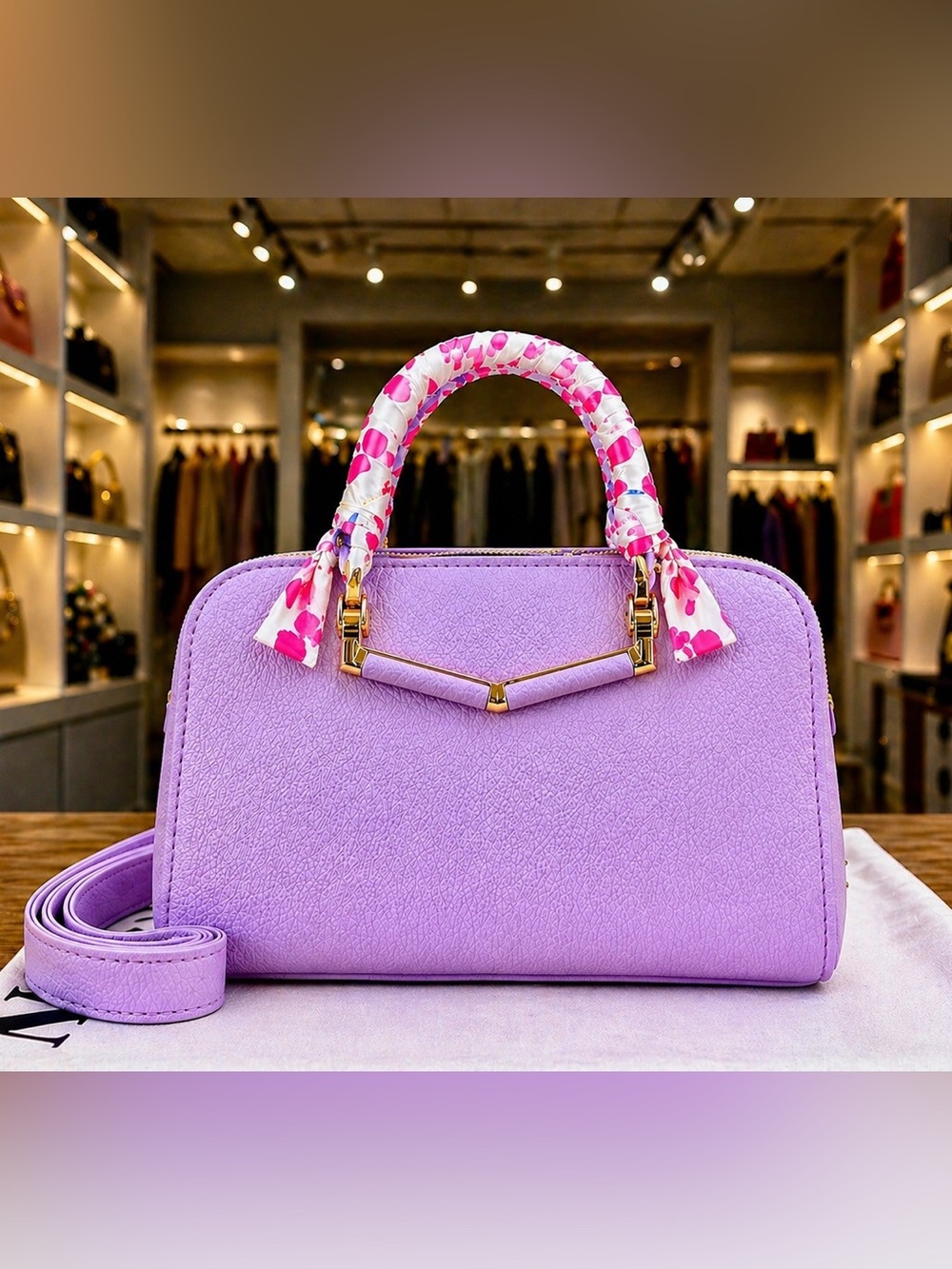 Lavender Satchel Bag Top Handle Crossbody Structured Gold Hardware w/ Scarf